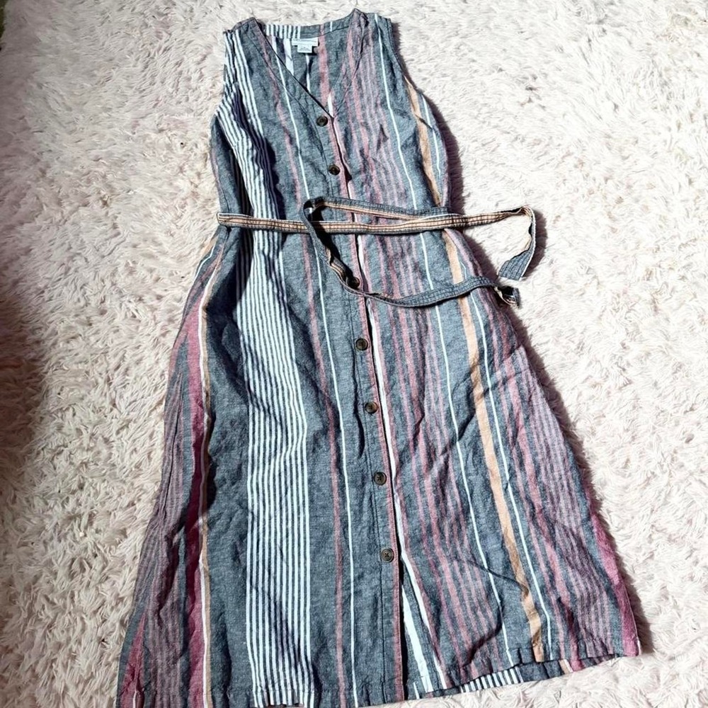 Earthy Granola Boho Western Country Cowgirl Midi Linen Dress Womens M Festival